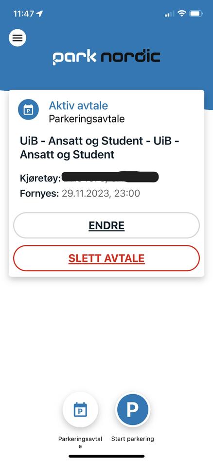 Skjermdump fra parkeringsappen til park nordic
