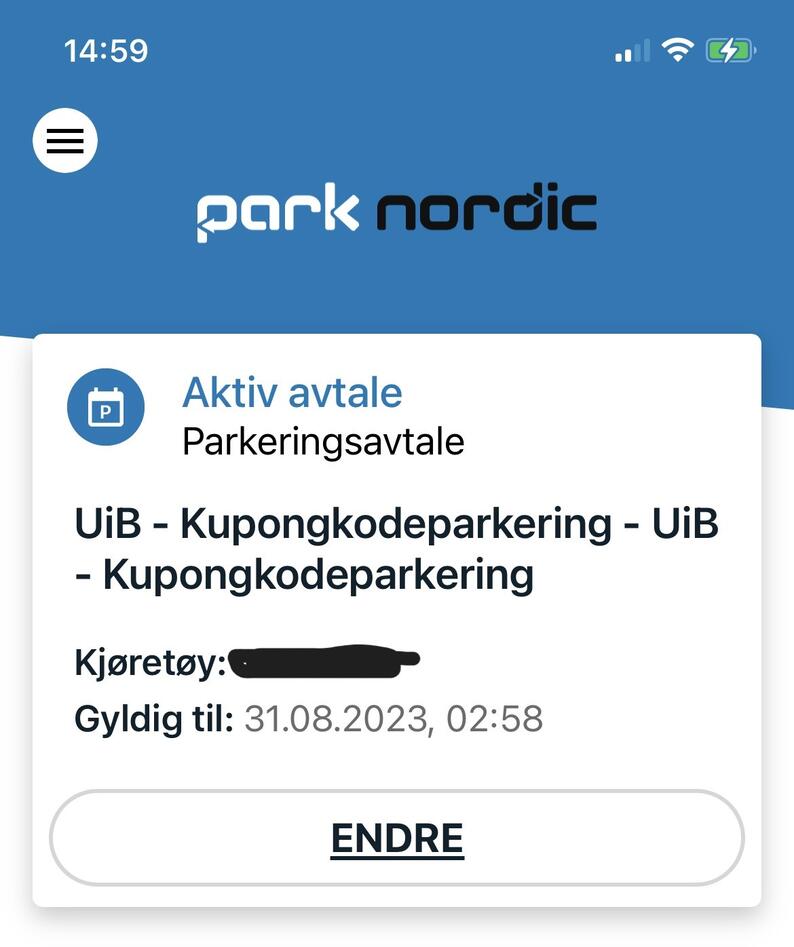 Skjermdump fra parkeringsappen til park nordic