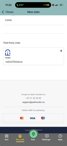 Skjermdump fra Park Nordix app som viser Feide integrering