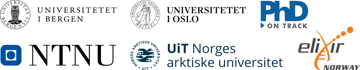 Project partner logos: UiB, NTNU, UiO, UiT, PhD-On-Track, ELIXIR-NO