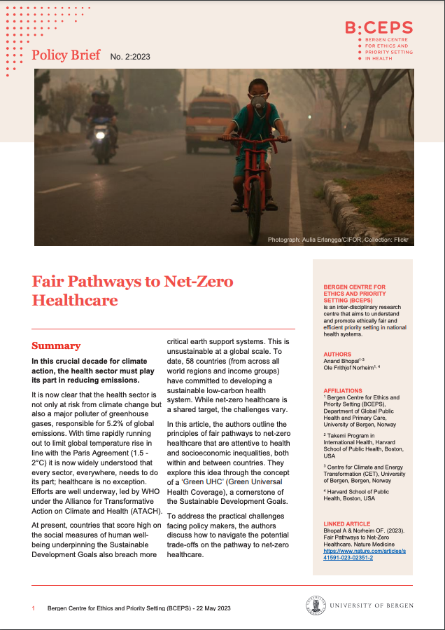 Policy brief front page Fair Pathways to Net-zero healthcare