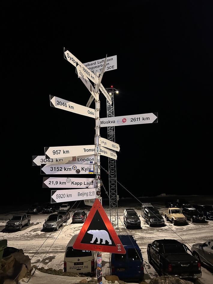 Skilt med retninger i Longyearbyen