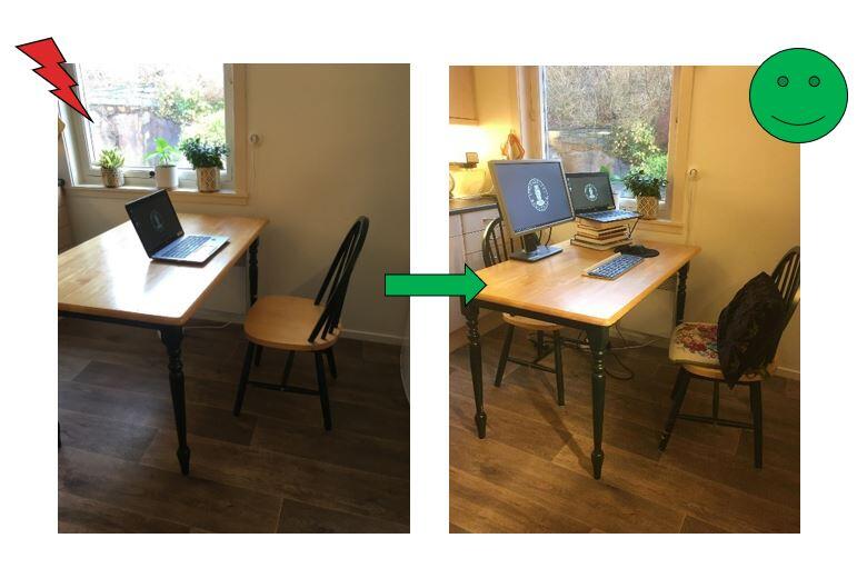 Venstre side: Bilde av stol og bord med laptop oppå. Høyre side: Bilde av stol med pute. På bordet er laptopen plassert på en bunke av bøker og den er tilkoblet skjerm, tastatur og mus. 