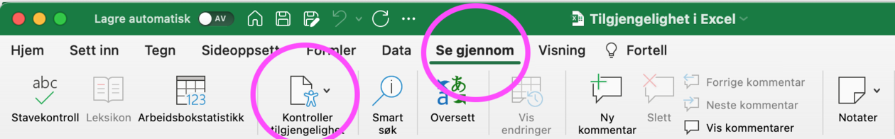 Bildet viser hvor man finner tilgjengelighgetskontroll i Excel