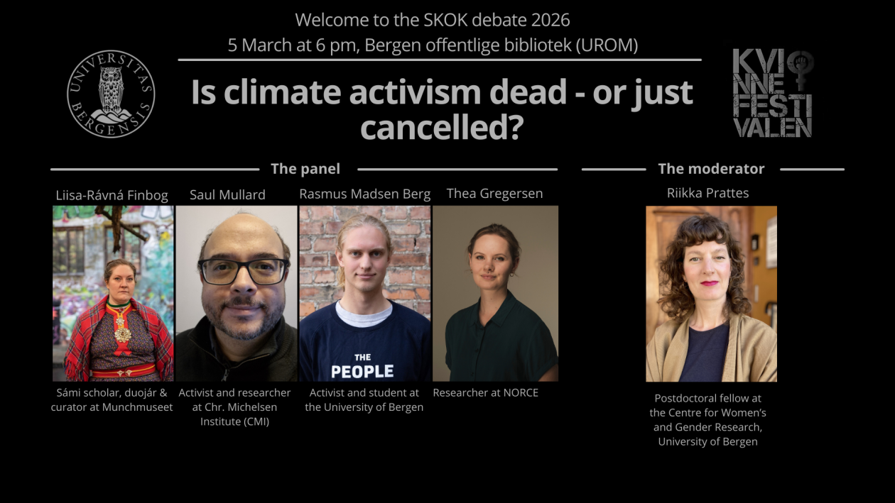 Poster for the SKOK debate 2026 with pictures and titles for the panelists and the moderator