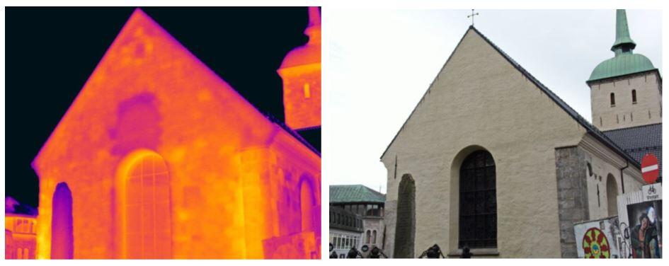 Thermalfoto av Korskirken som viser varme og kalde områder