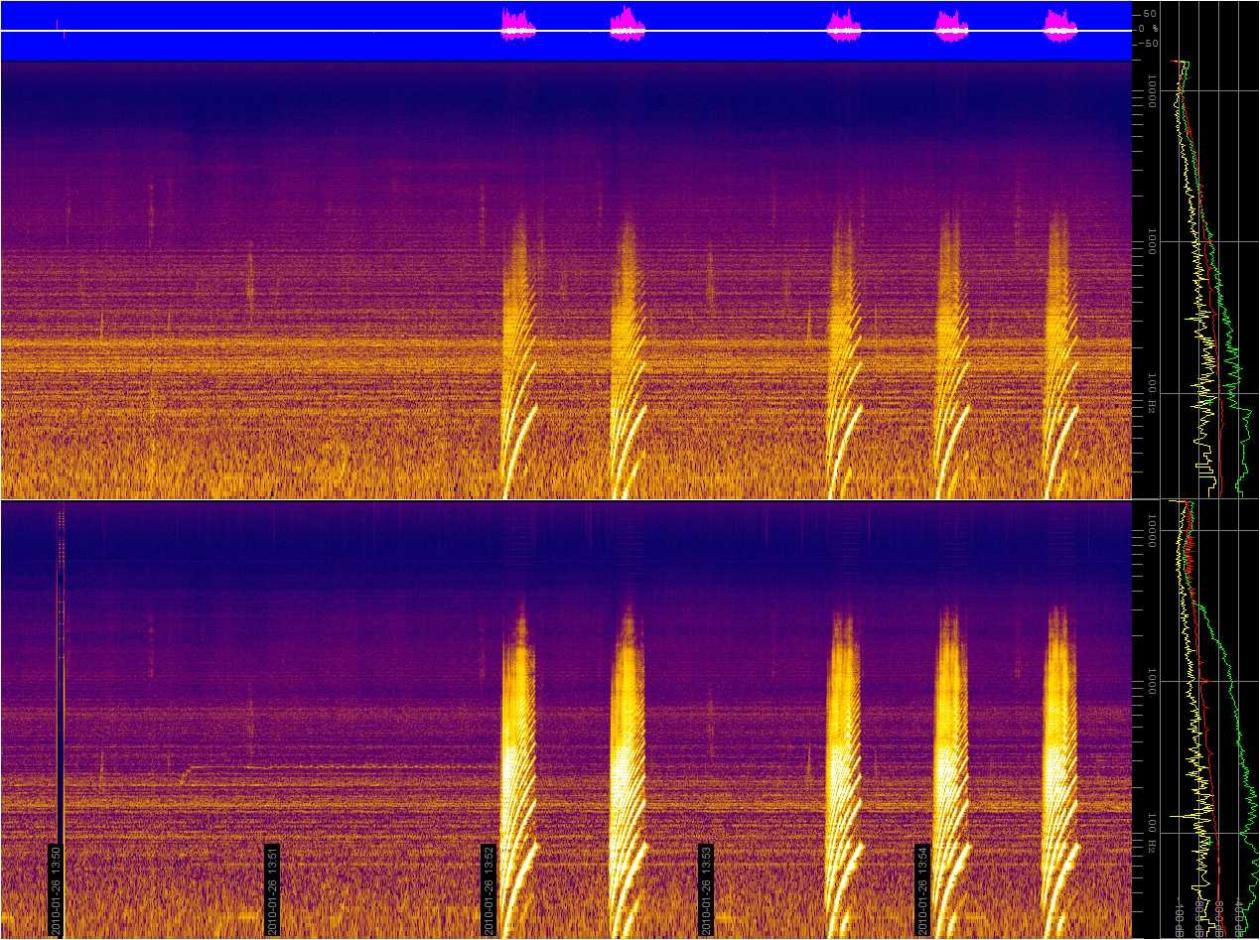 Frekvensspektra av hydrofonopptak av fem signaler fra vibratoren....