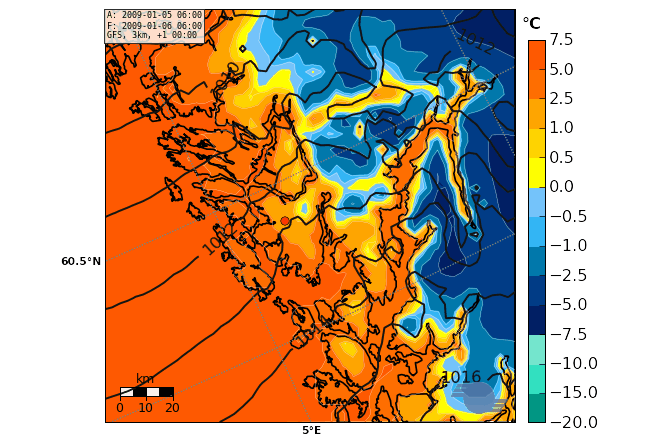 Temperatur fra finskala værvarslingsmodell for Bergensområdet