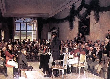 Oscar A. Wergelands maleri, Eidsvoll 1814, henger i stortingssalen.  Her ser...