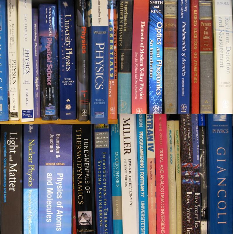 Et utvalg av fysikkbøker fra et kontor på Institutt for fysikk og teknologi.