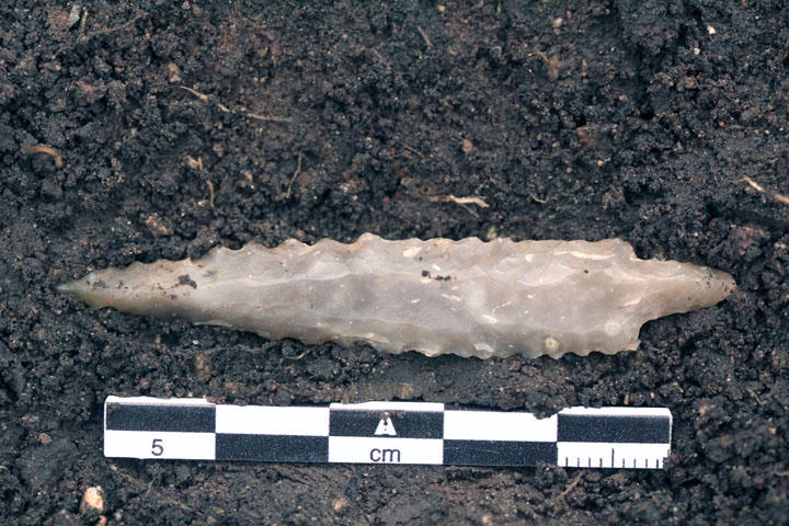 Fint overflateretusjert tangepil av flint funnet på lok. 9. Slipefasetter på spissen viser at den er produsert gjennom omhugging av en slipt flintøks. Typen er karakteristisk for tidsperioden... Fint overflateretusjert tangepil av flint funnet på lok. 9. Slipefasetter på...