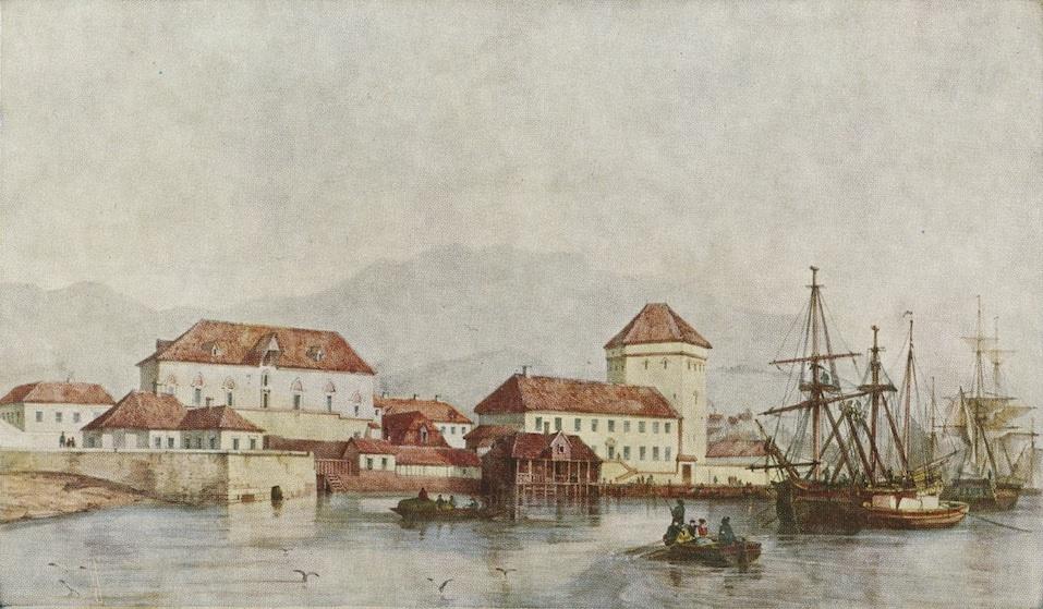 Dette bildet av "Ancien Palais des rois à Bergen", er signert A. Mayer i 1840...