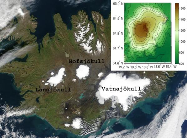 Satellite picture and topography of the Hofsjøkull area.