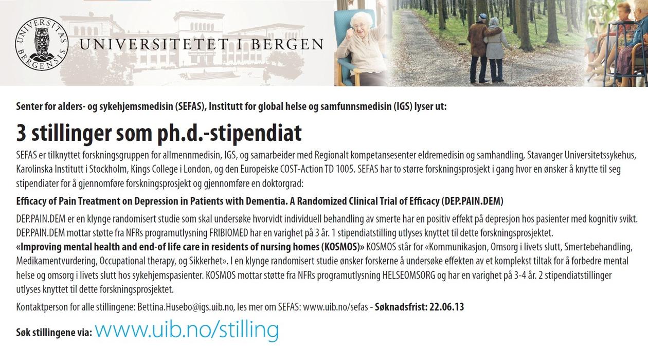 Utlysning av 3 stipendiatstillinger - Senter for alders- og sykehjemsmedisin