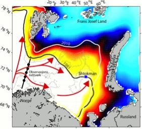 Mer atlantisk varme gir mindre sjøis, her eksemplifisert ved Barentshavet....