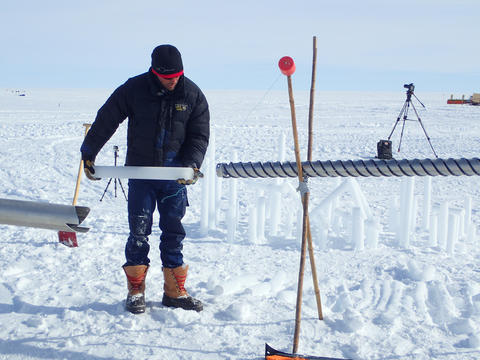 Ice core drilled at the top of the Greenland ice sheet, at the East GRIP research station. 
