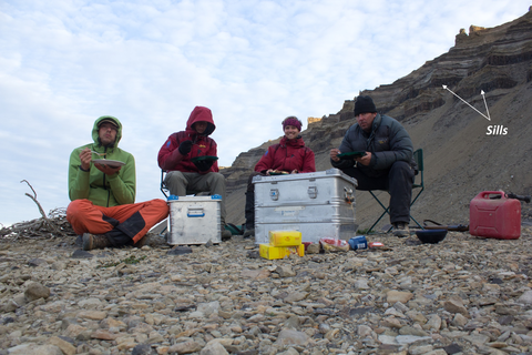 Dinner in the field. Jameson land is a cold and inhospitable place, which lead to little vegetation and clearly exposed geology. From the left: Gijs A. Henstra, Björn Nyberg, Christian Haug Eide, John A. Howell.