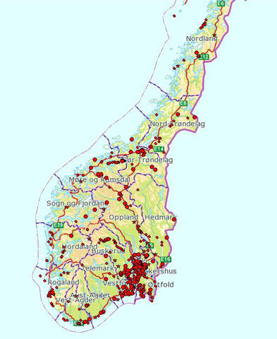 Distribution map of 7-spot ladybird in southern Norway