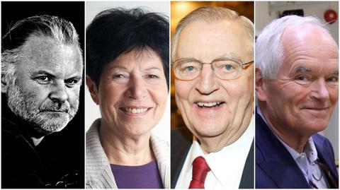 New honorary doctors at University of Bergen: Author Jon Fosse, Professor Helga Nowotny, ex politician Walter F. Mondale and business man Trond Mohn.