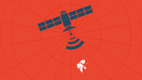Graphic from the front page of the UiB Magazine 2014/2015, showing a satellite over Svalbard.