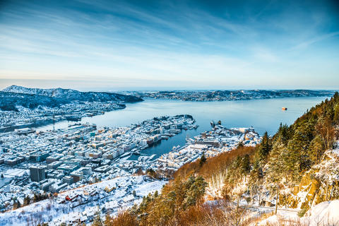 Long distance view of Bergen with snow. 
