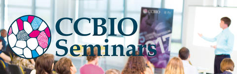 CCBIO seminars logo, background people in a seminar room and a lecturer in front.