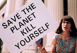 Demonstrant med plakat: Save the planet, Kill yourself