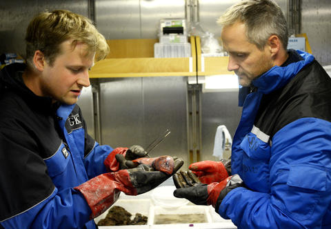 Researchers from the Centre for Geobiology at the University of Bergen during an expedition in the Arctic.