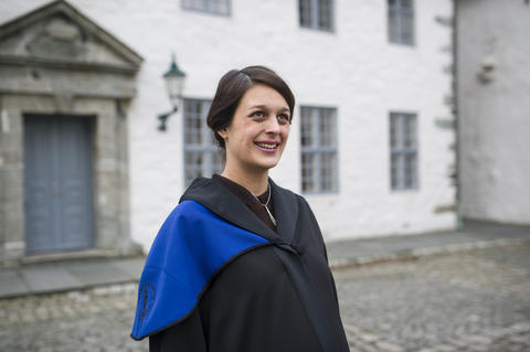 Recent PhD graduate from the University of Bergen, Ingrid Birce Müftüoglu, outside Håkonshallen, before her speech at the so-called doctor promotion at Håkonshallen on 24 January 2014.