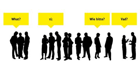 Illustrasjon av folk som snakker sammen på ulike språk, brukt som del av en sak om hvordan kommunikasjon er et problem i EU.