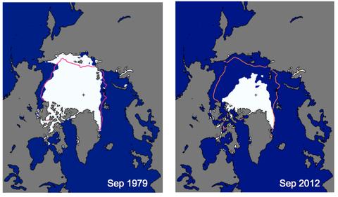 Illustrasjon som viser hvordan isen i arktis har minket fra 2006 til 2012