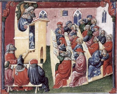 Laurentius de Voltolinas målning av en universitetsföreläsning på 1350-talet.