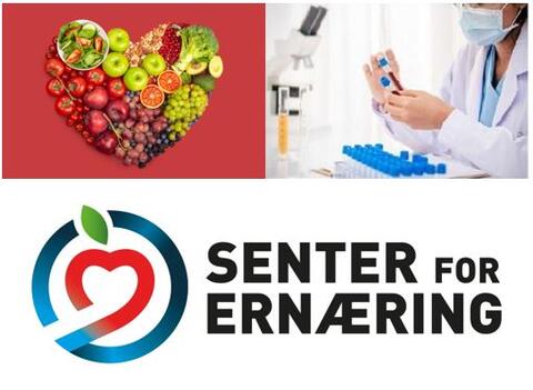 Hjerte bestående av mat på rød bakgrunn, dame som jobber på lab og logoen til Senter for ernæring