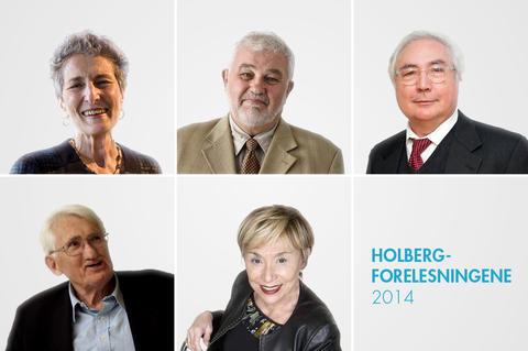 Photo montage of five former winners of the Holberg Prize in conjunction with the Holberg Lectures 2014.