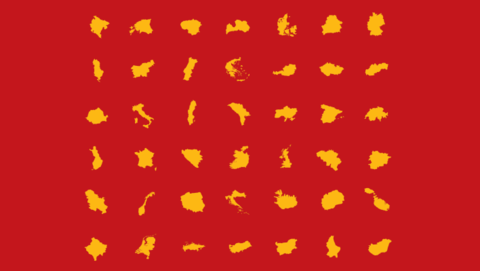 Graphic outlines of European countries in yellow on a red background, used to illustrate article about the Research Group The Borders of Europe.