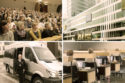 Bildecollage av campusbussen, digital eksamen, ansatte og en skisse til Media City Bergen