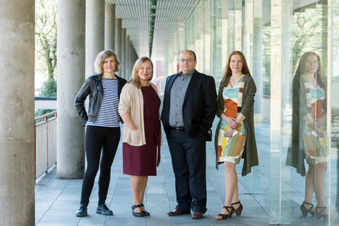 Political scientist Hakan G. Sicakkan, anthropologists Christine M. Jacobsen and Synnøve Bendixsen and sociologist Susanne Bygnes of the Bergen International Migration and Ethnic Relations Research Unit (IMER), photo shot in May 2018.
