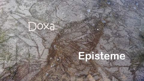 Krakkelert is som kan se ut som om det avbilder et hundehode med teksten Doxa og Episteme over