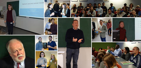 Collage of photos from the Junior Scientist Symposium December 8th 2016. Audience, lecturers, breaks and minging.