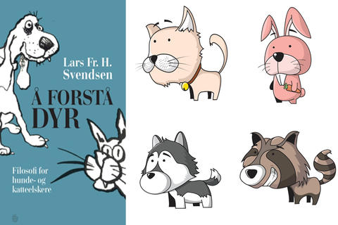 Bilde av bokomslaget samt fire tegneseriefigurer av dyr