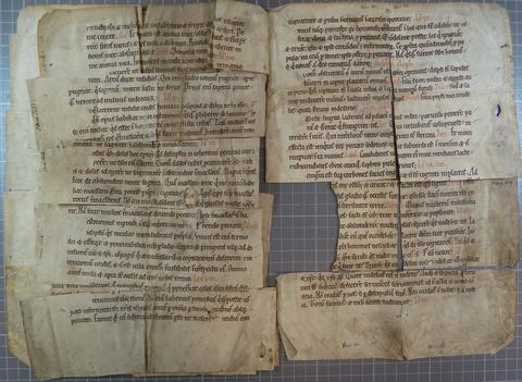 To facing pages of a manuscript, reconstructed from small rectangular fragments.