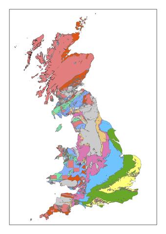 A map showing the geology of Great Britain spanning the past 550 million years.