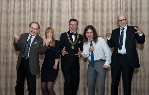 Jumping for joy after the Meltzer Research Fund Awards show on Friday 7 March 2014, left to right: Prize winners Gunnstein Akselberg and Maja Janmyr, UiB Rector Dag Rune Olsen, and prize winners Michał Pilipczuk and Kenneth Hugdahl.
