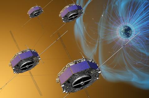 Illustration of the four MMS spacecraft in orbit in Earth's magnetic field.