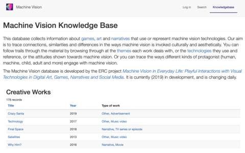 Screenshot of front page of database showing description and a list of works.