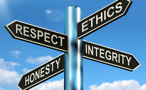 Skilt som peker i hver sin retning med tekstene respect, ethhics, honesty og integrity