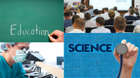 Collage showing science and education situations.
