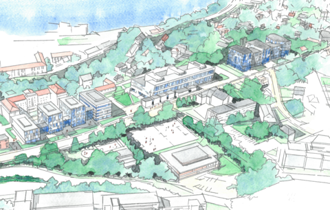 tegning som viser helse Årstadvollen med de nye byggene i Helseklyngen