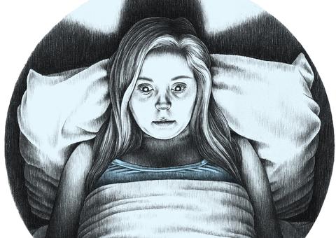 Illustration of young woman having trouble sleeping after excessive use of electronic gadgets, illustration originally in the UiB Magazine 2014.