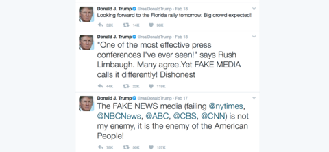 A screenshot of three of Trump's tweets from February 2017.